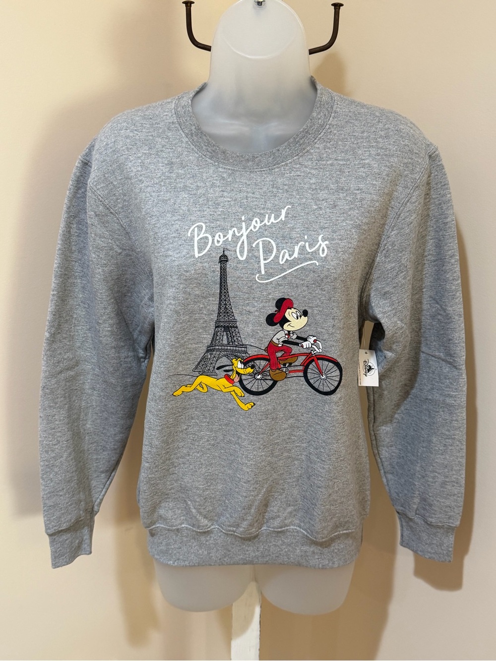 NEW DISNEY MICKEY PLUTO VINTAGE BICYCLE BONJOUR PARIS CREWNECK SWEATSHIRT LARGE